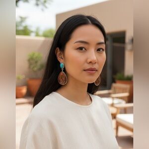 Western Turquoise & Tooled Leather Teardrop Dangle Earrings | Cowgirl Boho #52